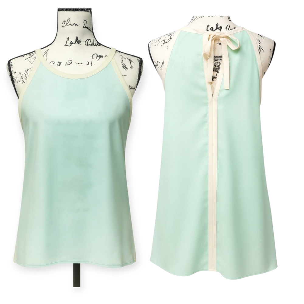 C Mint Green Sleeveless High Neck Tie Back Contrast Stripe Top M Preppy Coastal